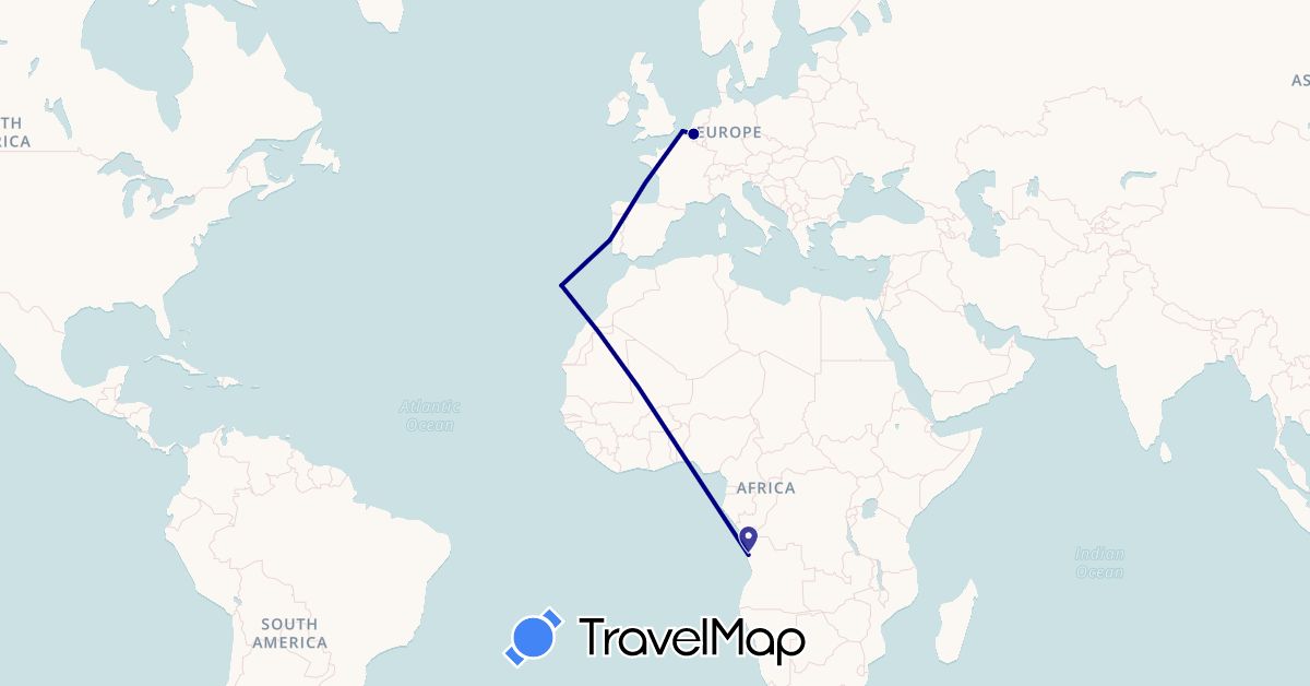 TravelMap itinerary: driving in Angola, Belgium, Portugal (Africa, Europe)